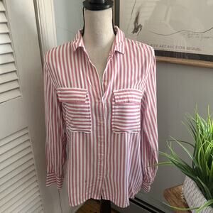 Gap Top Womens Medium Pink Striped Boyfriend Fit Tunic Preppy Classic Casual